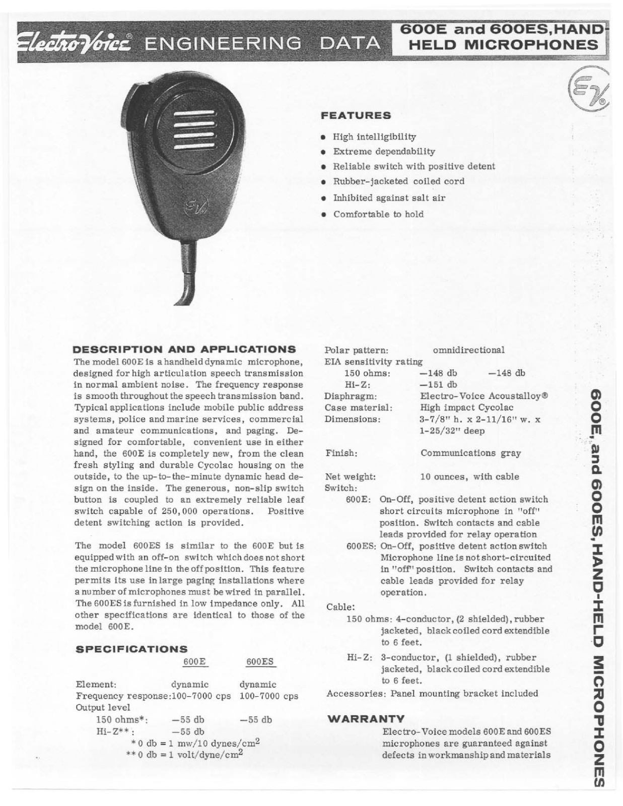 Electro-voice 600ES, 600E DATASHEET