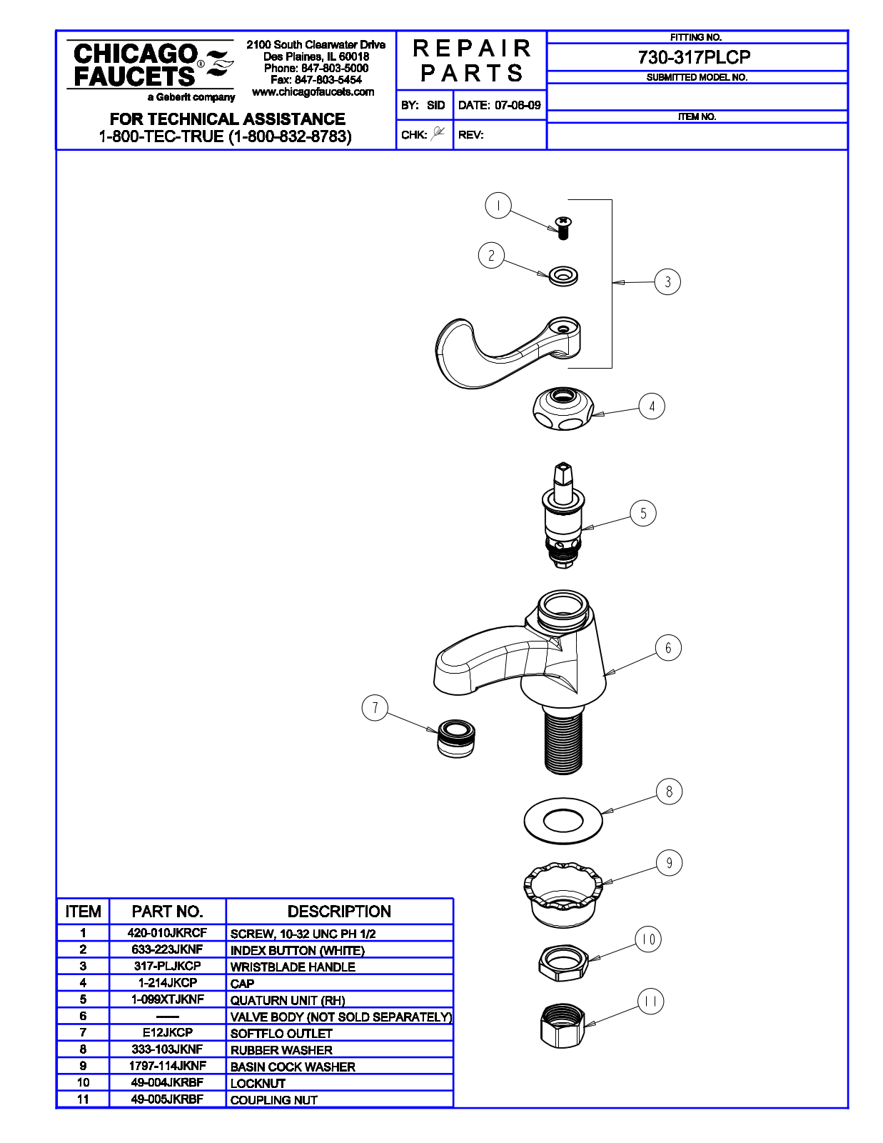 Chicago Faucet 730-317PLCP Parts List