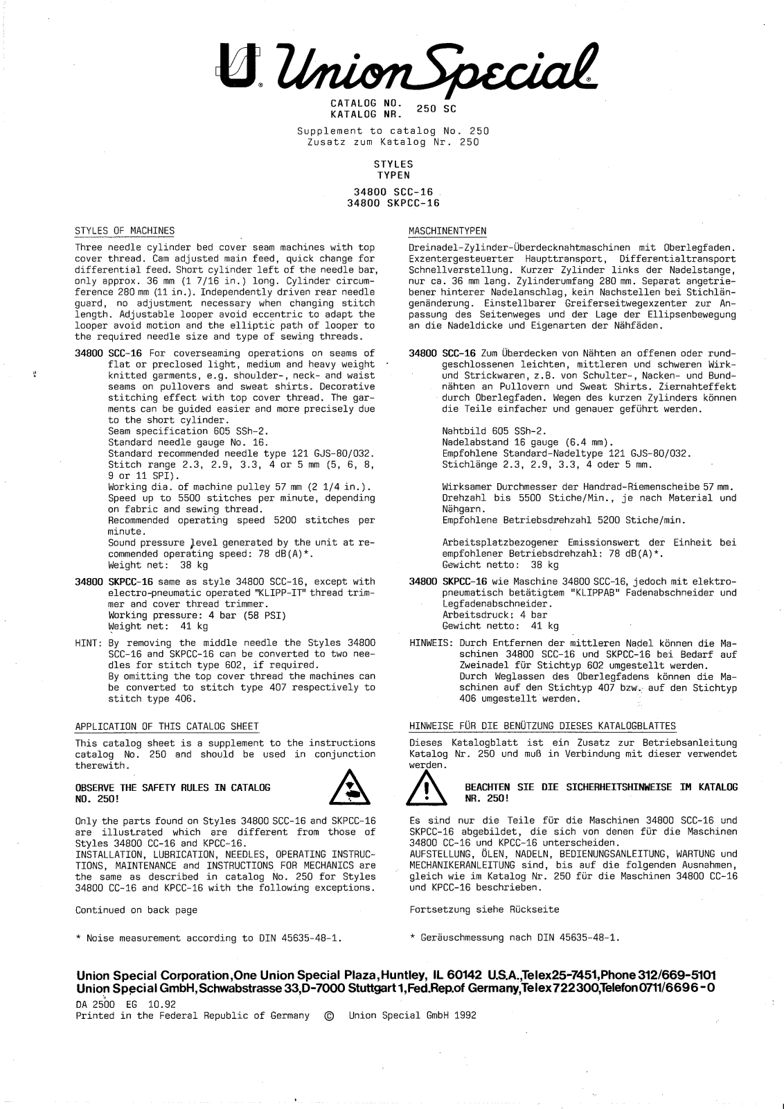 Union Special 34800SCC-16, 34800SKCC-16 Parts List