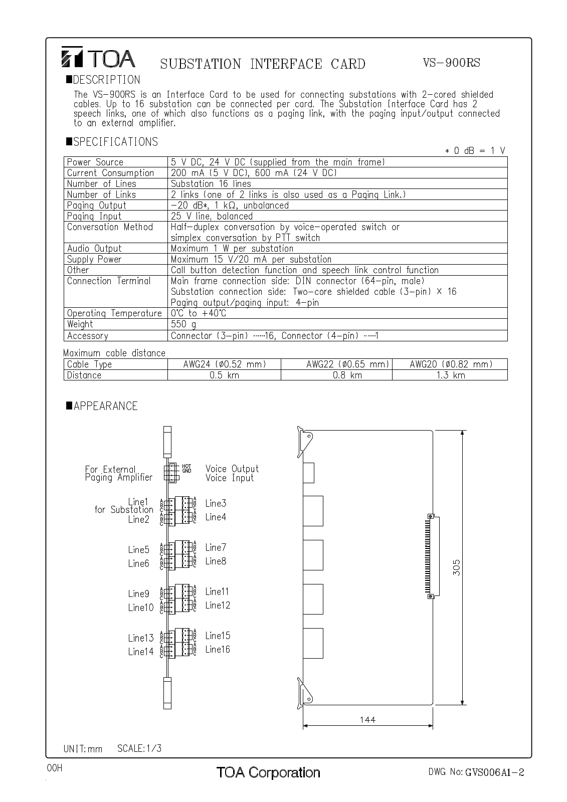 Toa VS-900RS Specifications