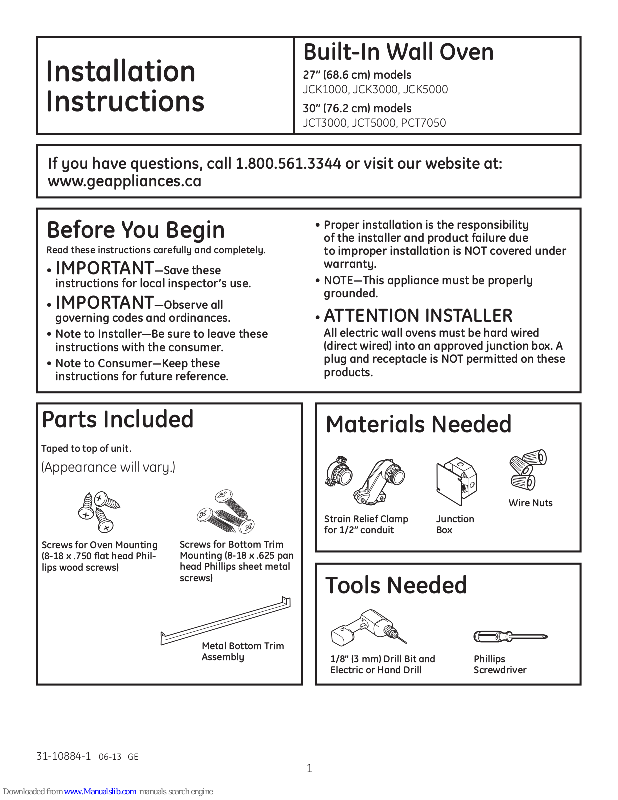 GE JCK1000, JCK5000, JCT3000, JCT5000, JCK3000 Installation Instructions Manual