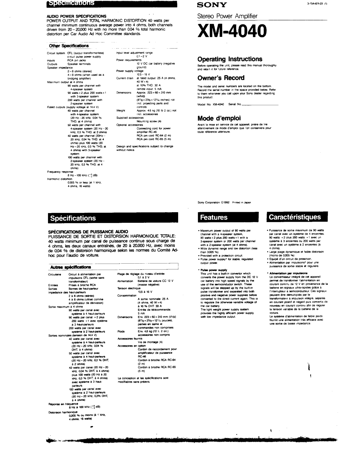 Sony XM-4040 User Manual