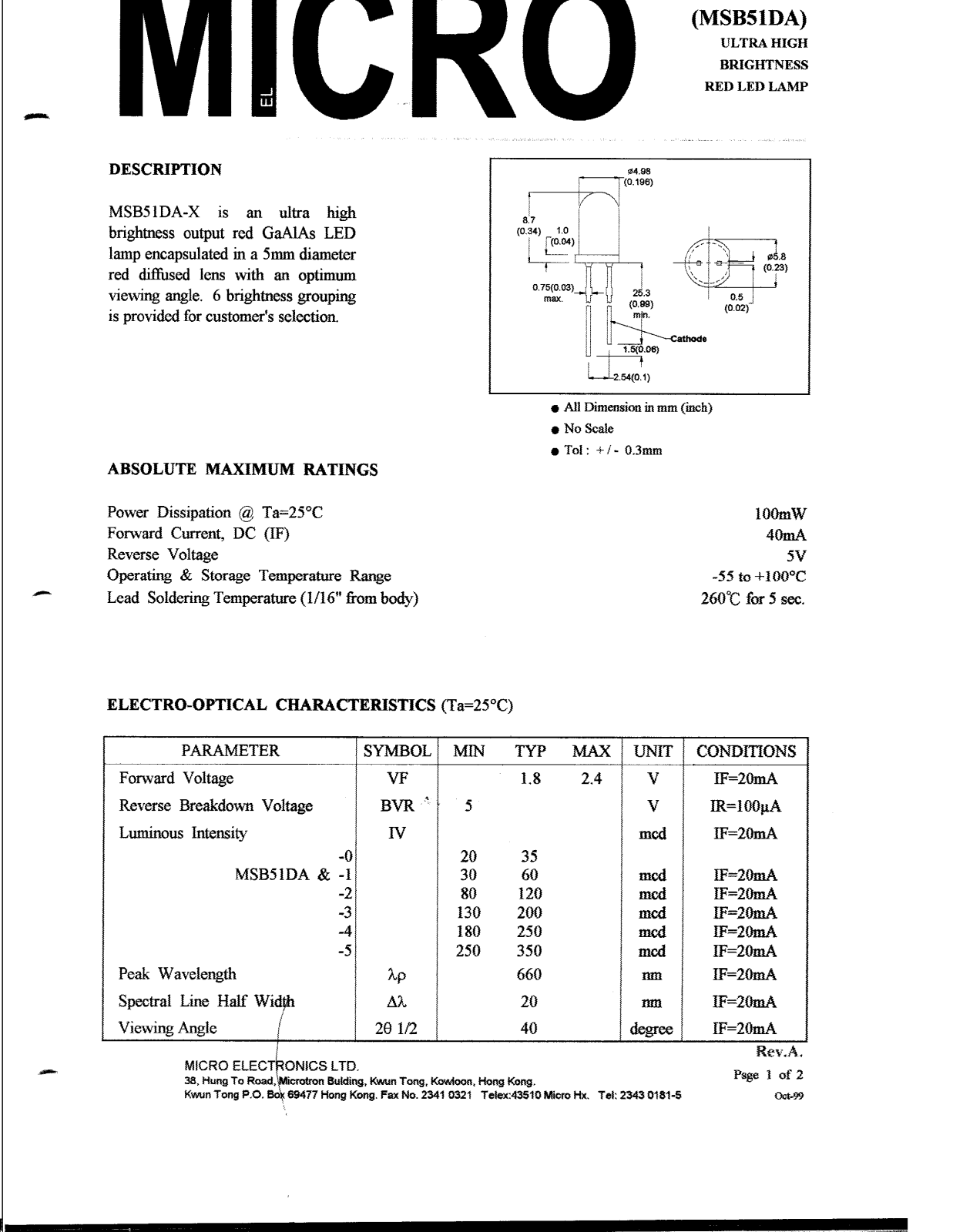 MICRO MSB51DA-5, MSB51DA-2, MSB51DA-3, MSB51DA-4, MSB51DA-0 Datasheet