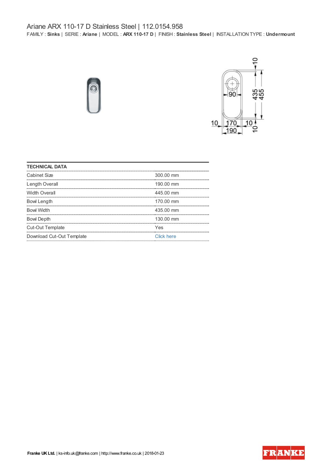 Franke ARX110-17D Product Sheet