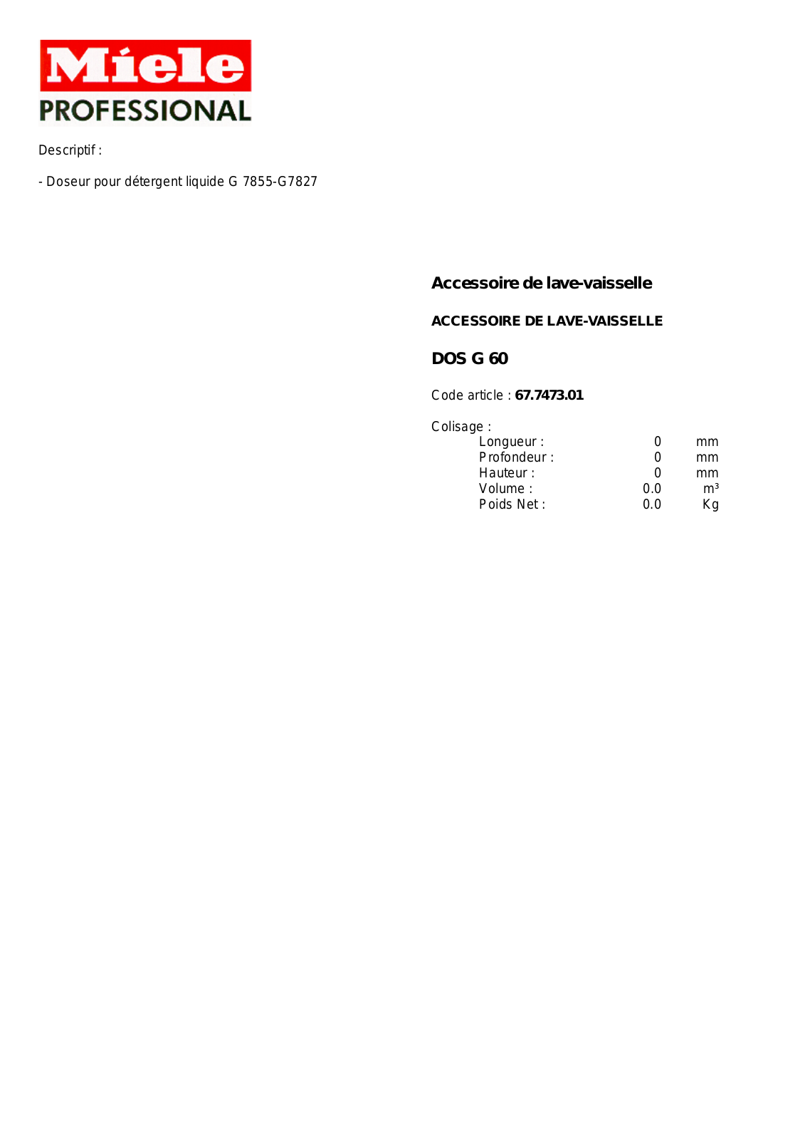 MIELE DOS G 60 DESCRIPTIF User Manual