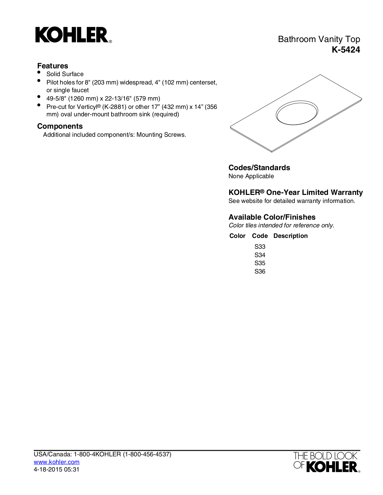 Kohler KOH20416 Specifications - ManualMachine.com