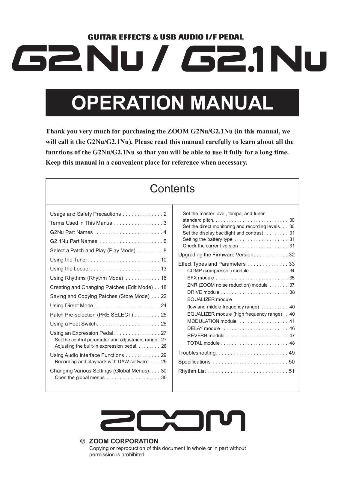 ZOOM G2Nu, G2.1Nu Operation Manual