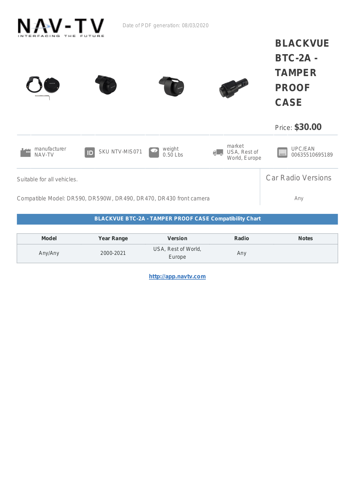 NAV-TV BTC-2A Specification Sheet