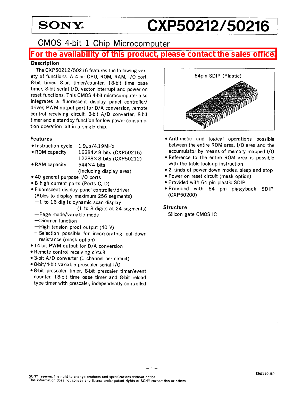 Sony CXP50216, CXP50212 Datasheet