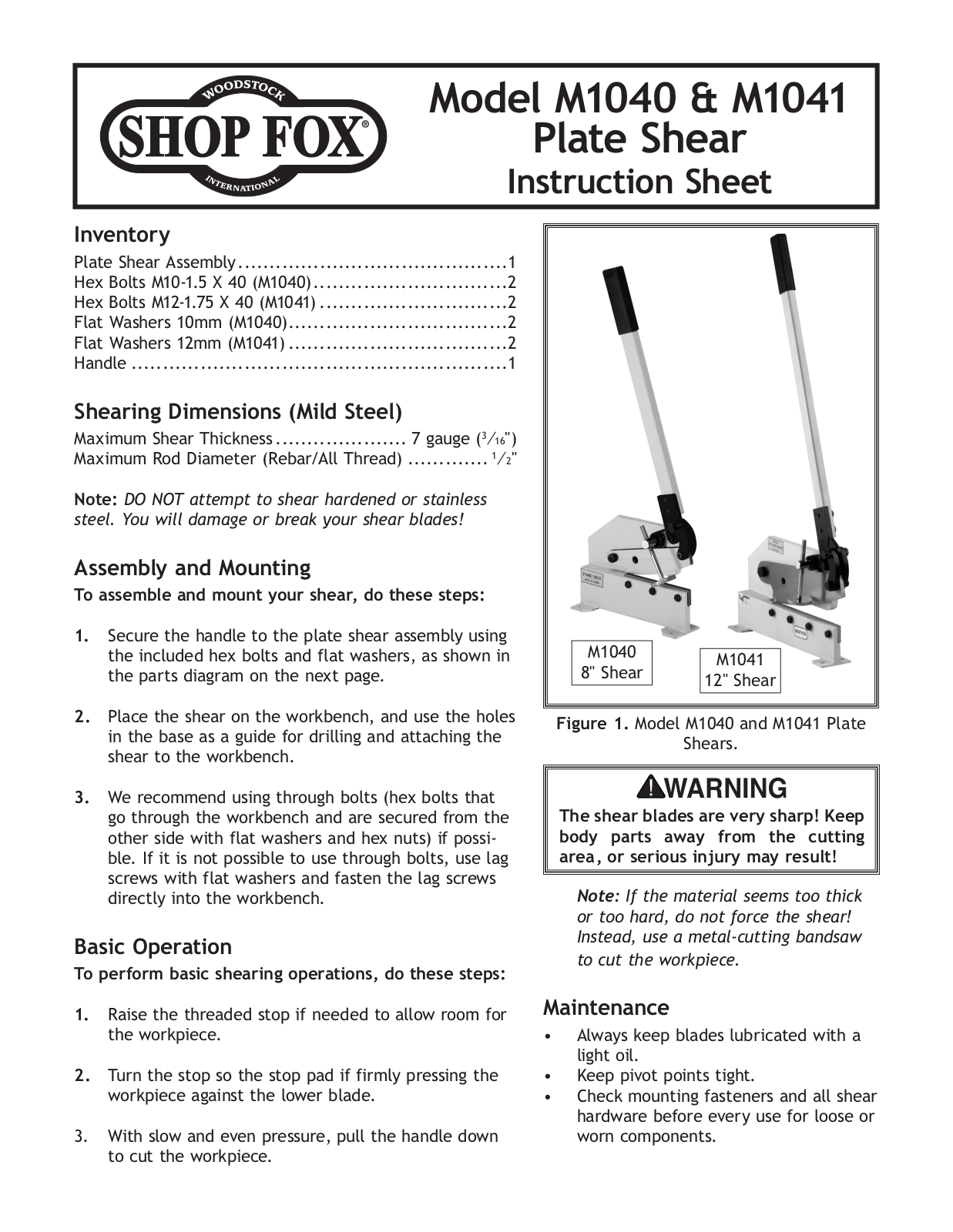 Woodstock M1040, M1041 User Manual