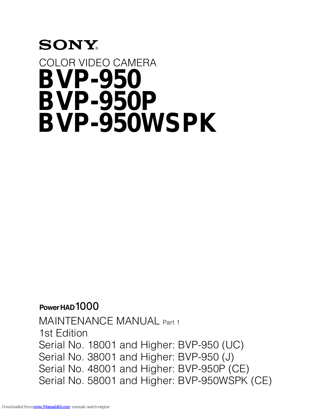 Sony BVP-950P, BVP-950, BVP-950WSPK Maintenance Manual