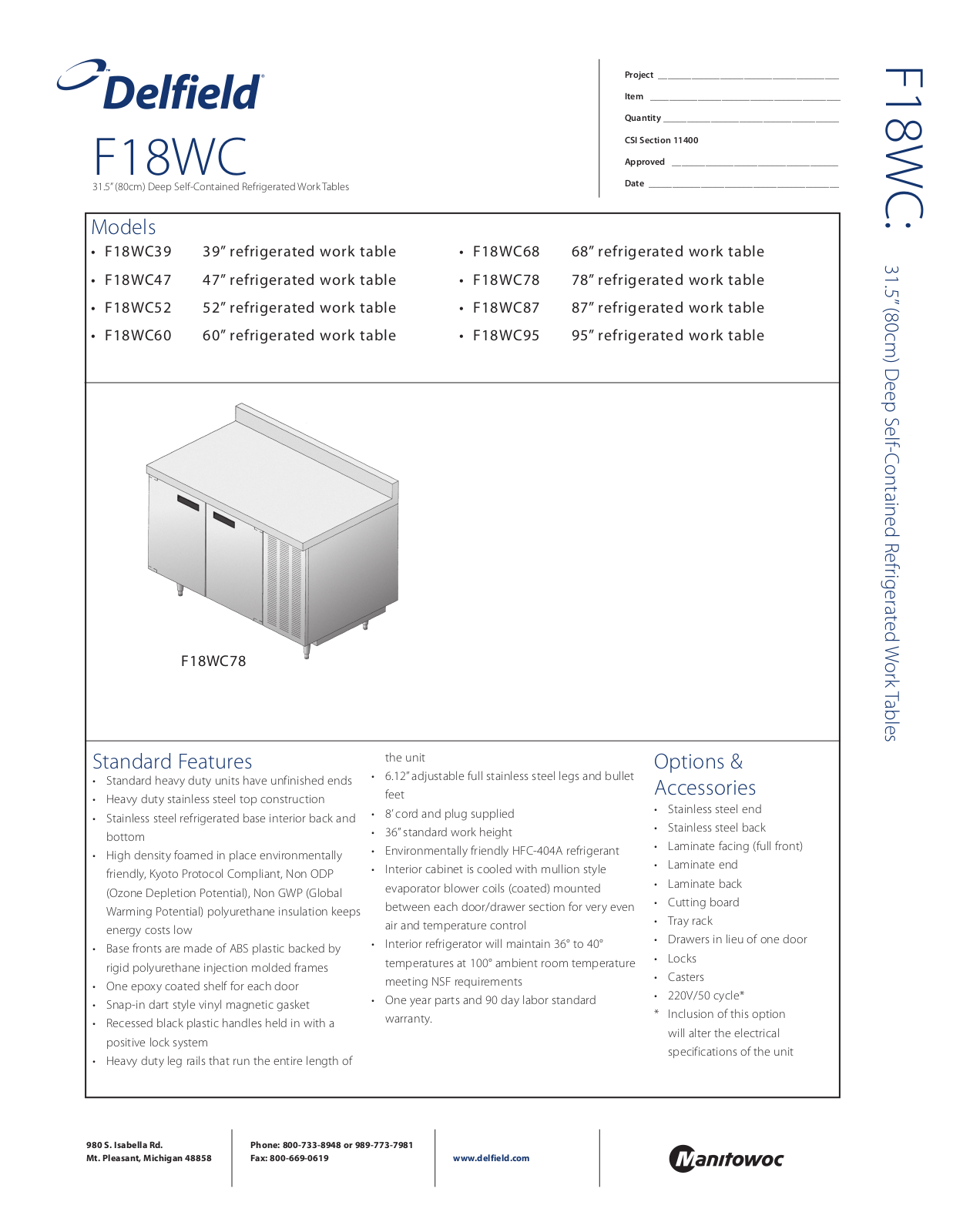 Delfield F18WC47, F18WC52, F18WC60, F18WC68, F18WC78 General Manual