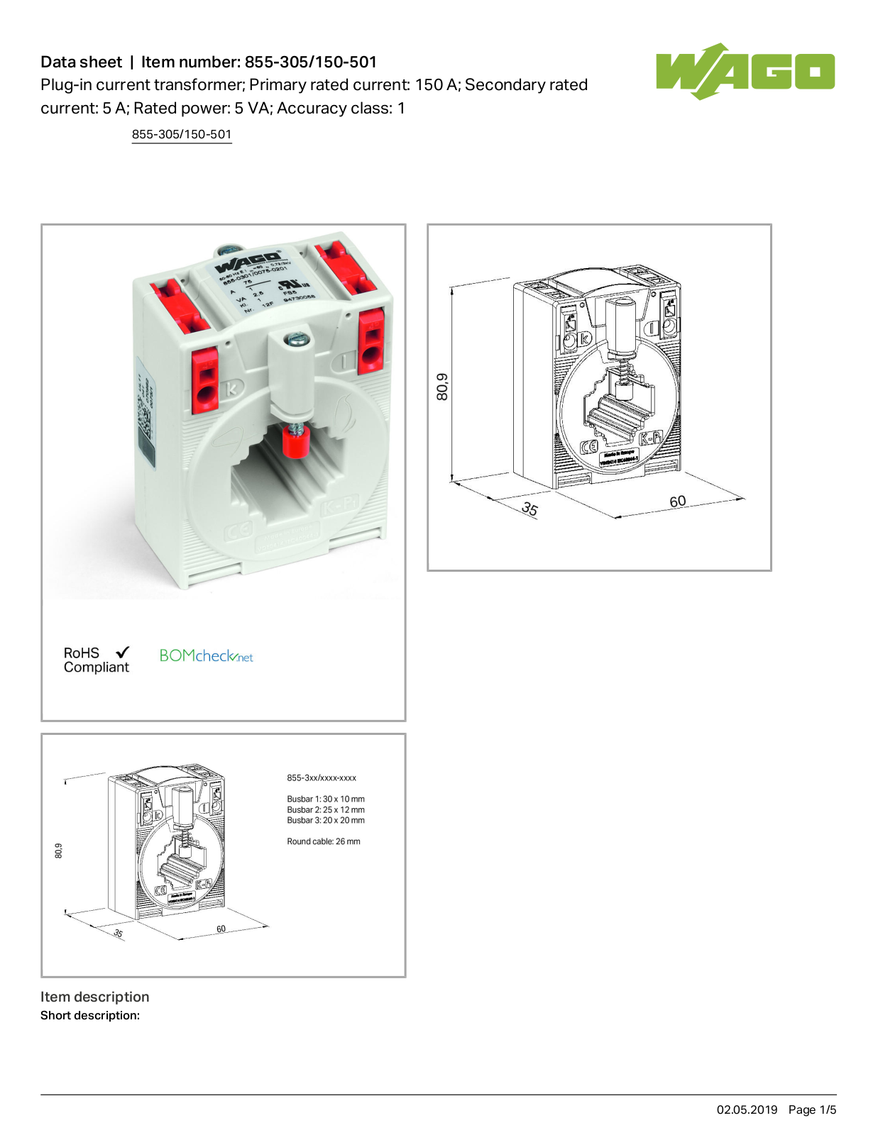 Wago 855-305/150-501 Data Sheet