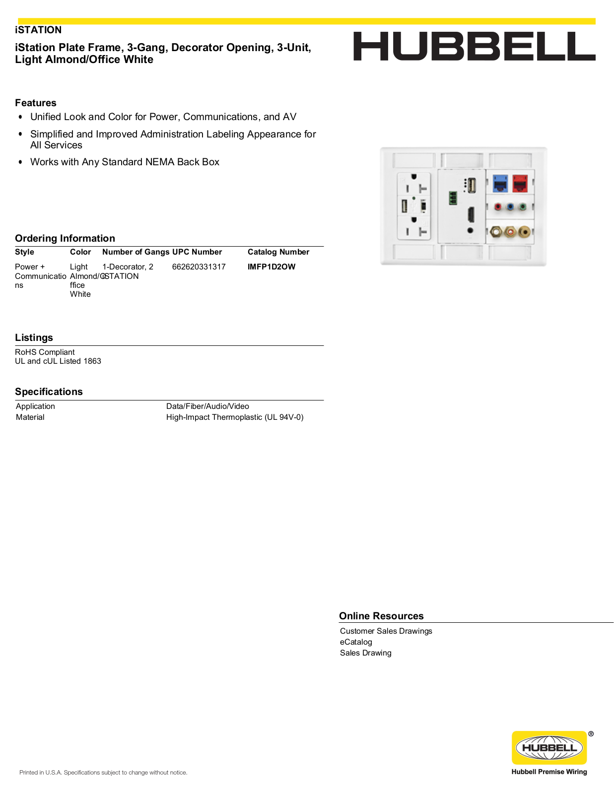 Hubbell IMFP1D2OW Specifications