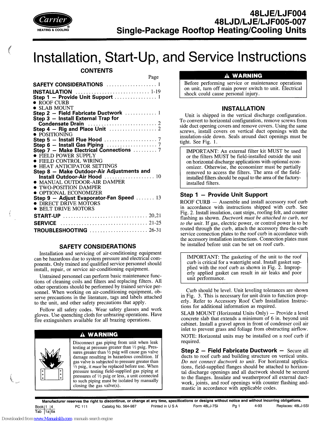 Carrier 48LJD005, 48LJD006, 48LJD007, 48LJE004, 48LJE005 Installation, Start-up And Service Instructions Manual - ManualMachine.com