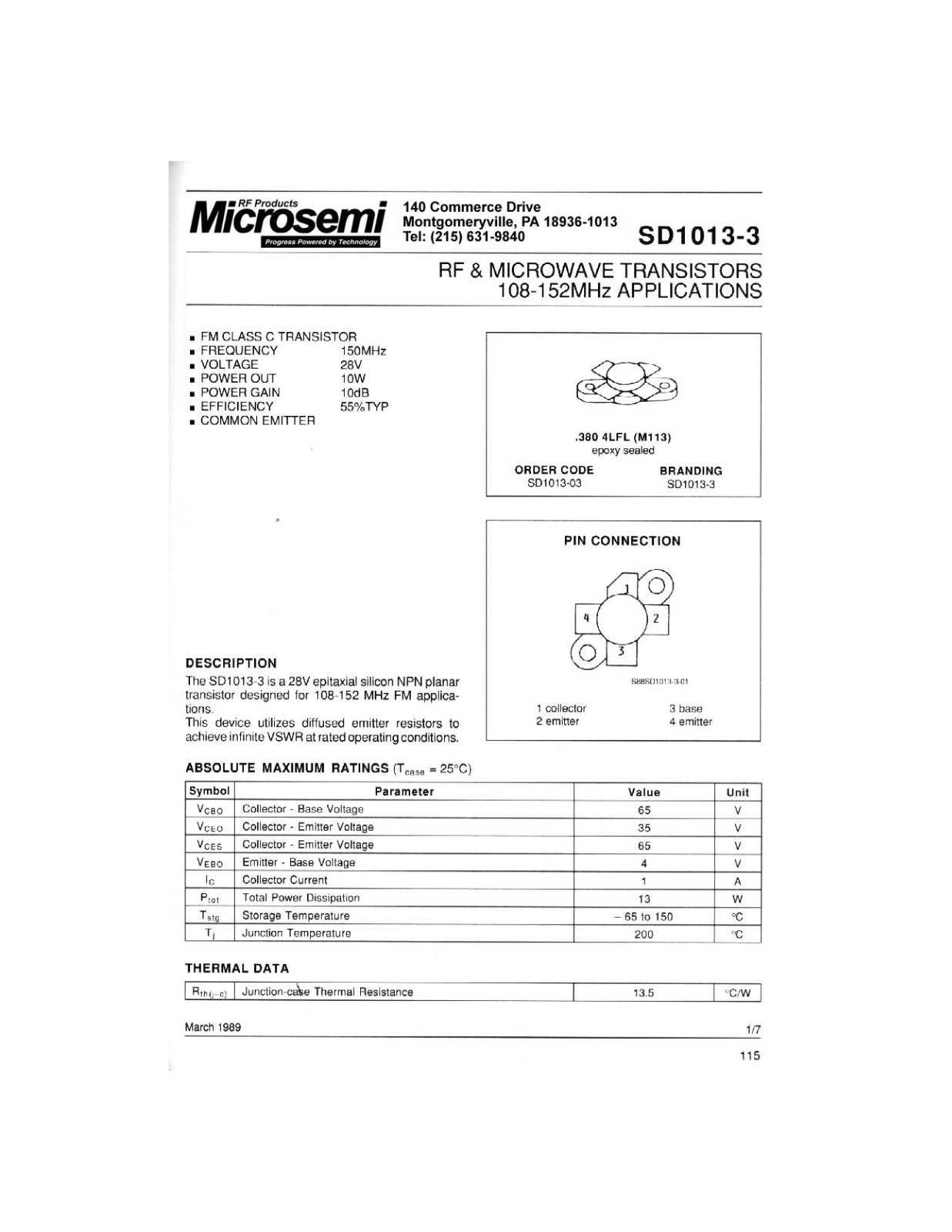 Microsemi Corporation SD1013-03 Datasheet