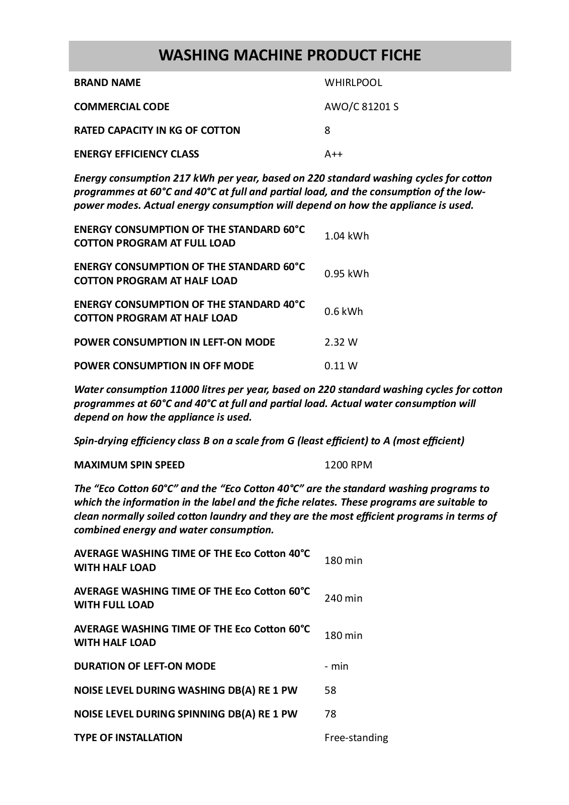 Whirlpool AWO/C 81201 S INSTRUCTION FOR USE