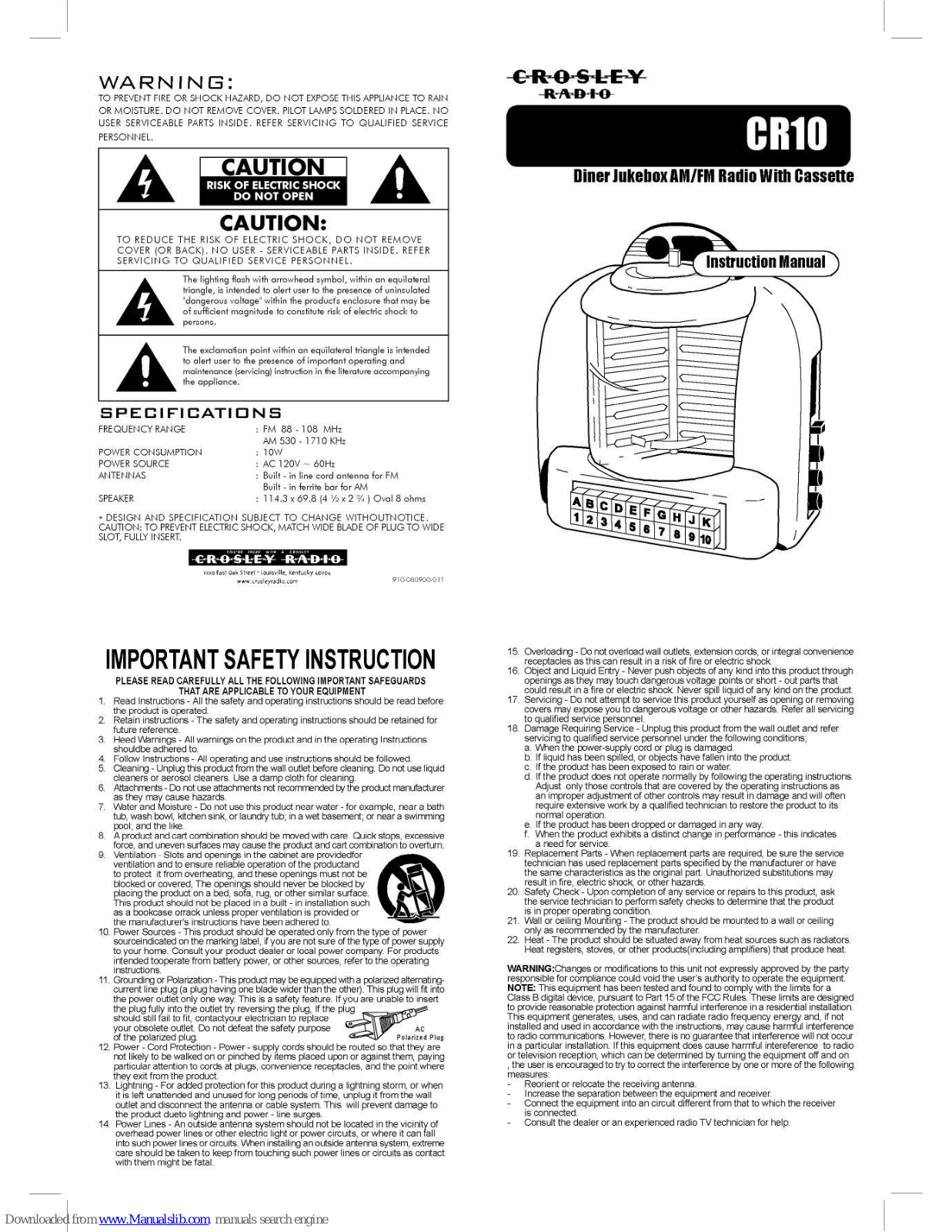 Crosley Diner Jukebox CR10 Instruction Manual