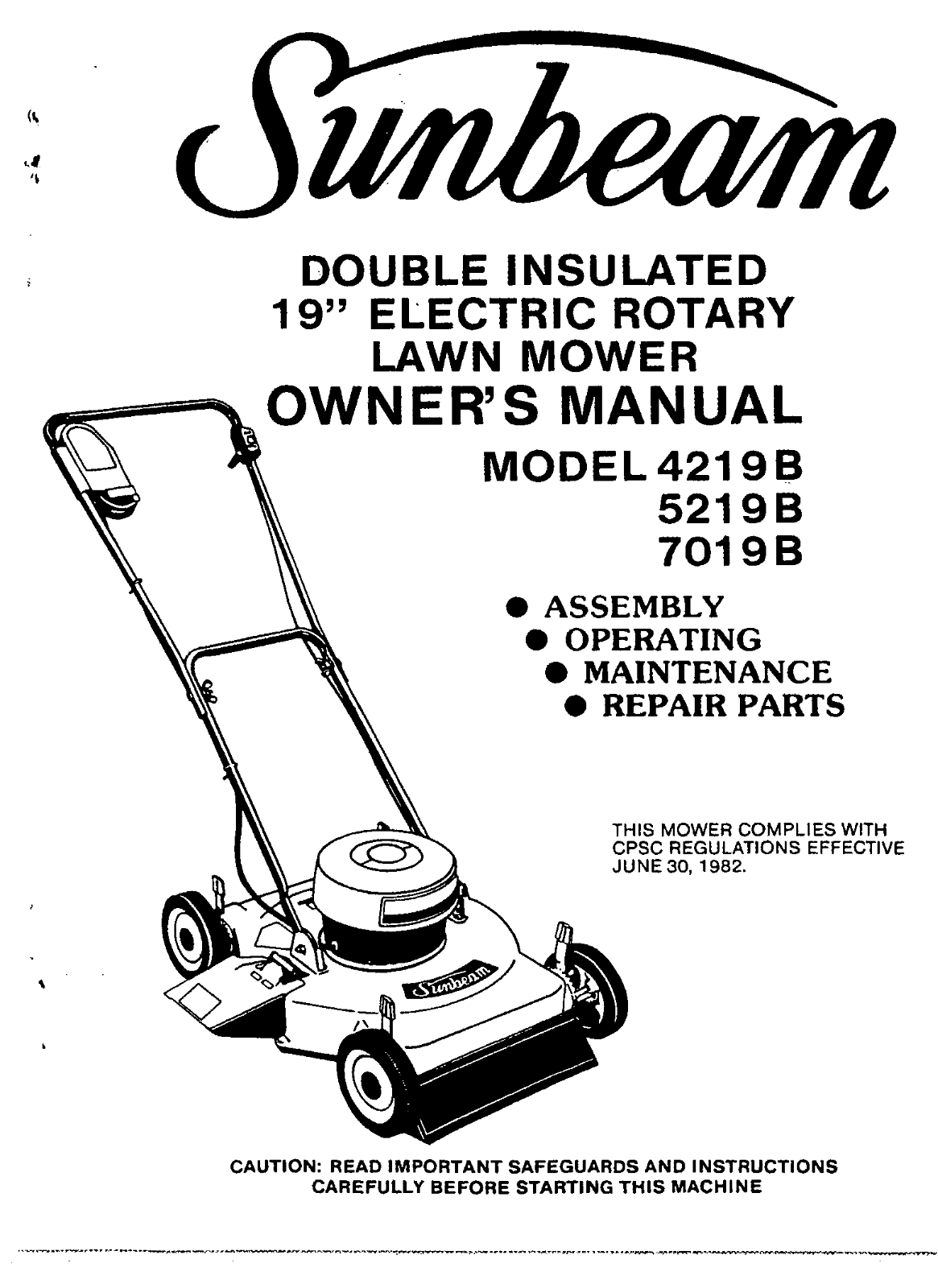 sunbeam 4219b, 5219b, 7019b owners Manual