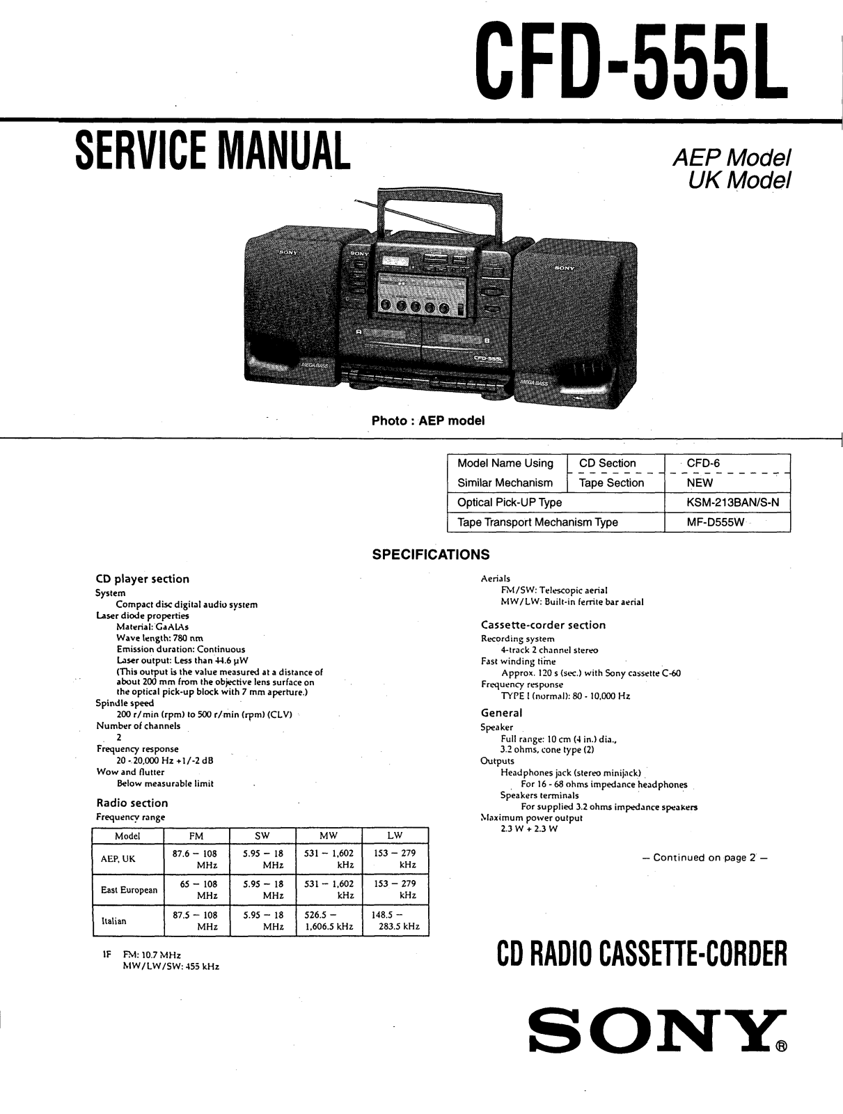 Sony CFD-555-L Service manual