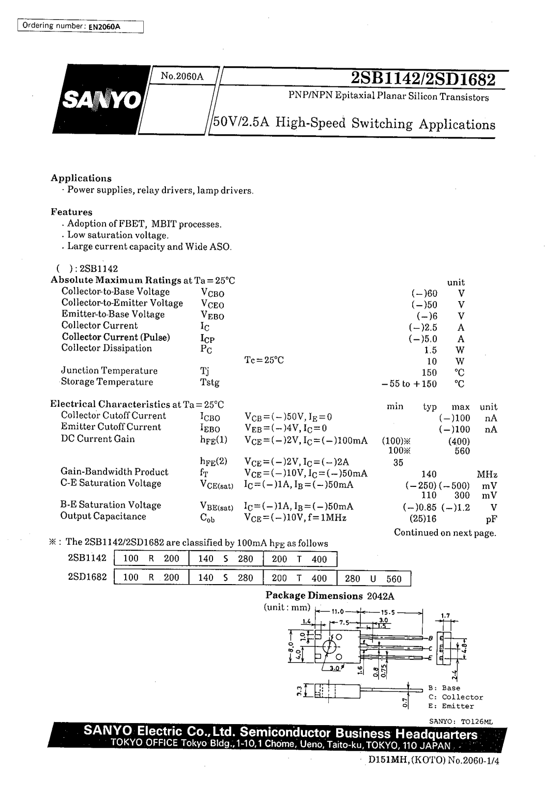 SANYO 2SD1682, 2SB1142 Datasheet