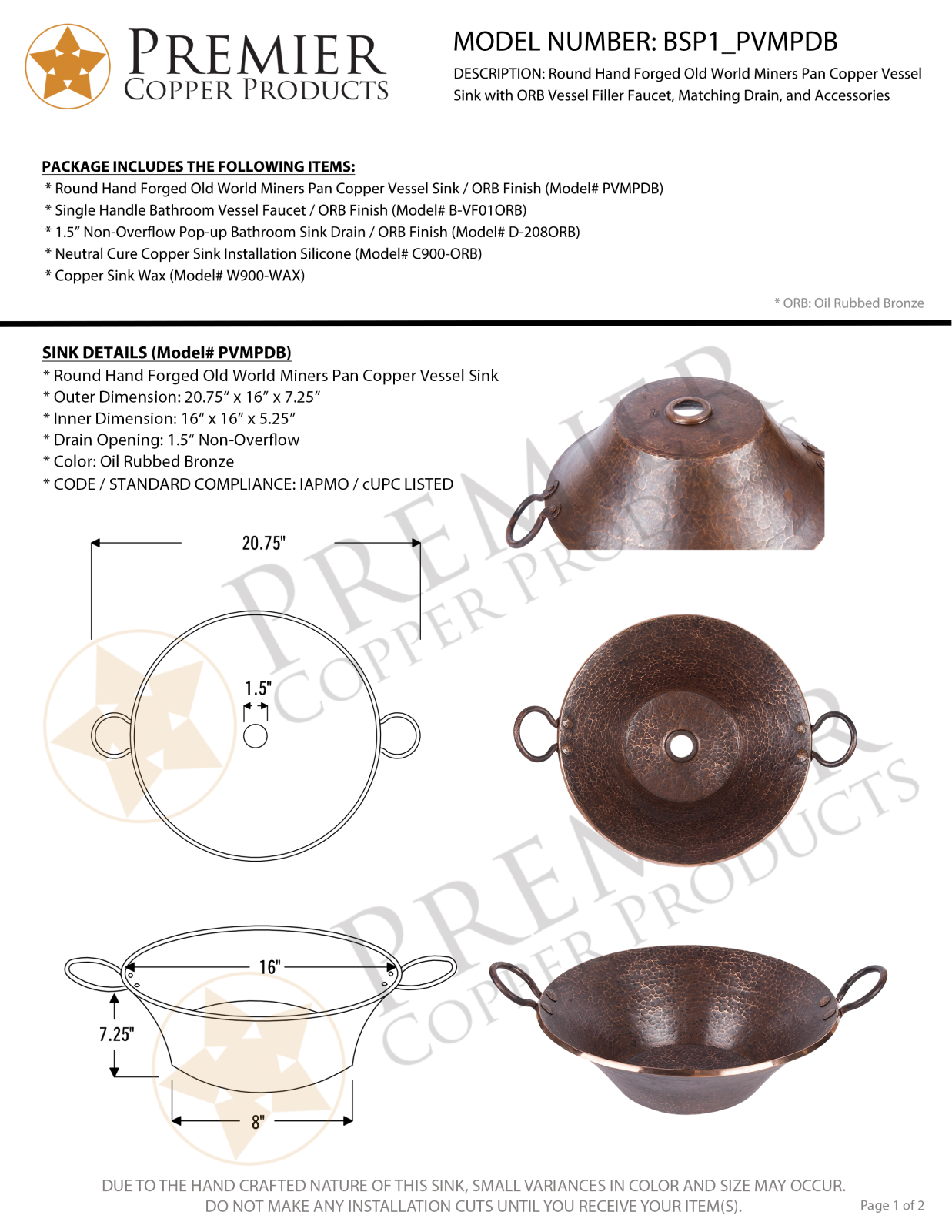 Premier Copper Products IER1821 Specifications - ManualMachine.com