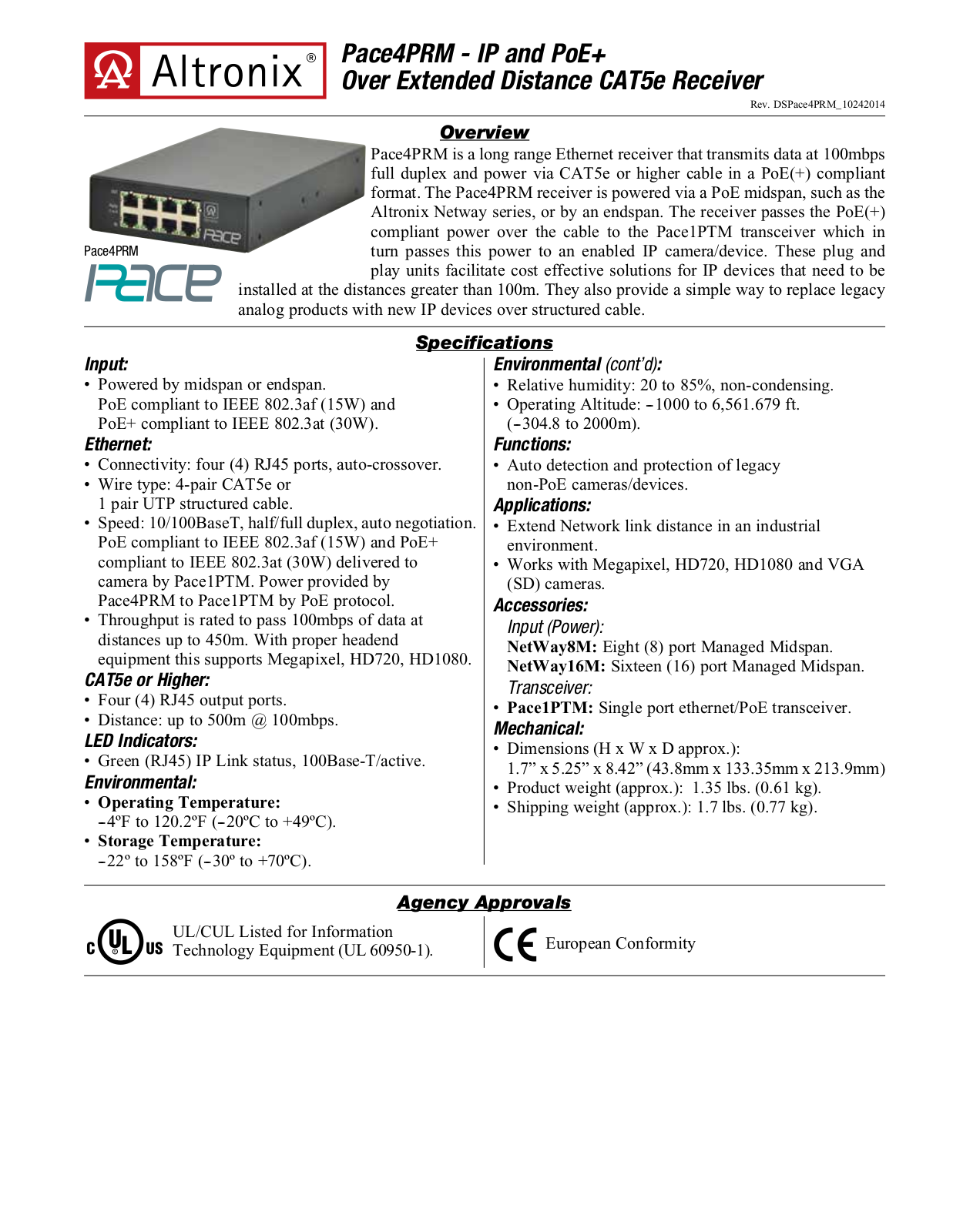 Altronix PACE4PRM Specsheet