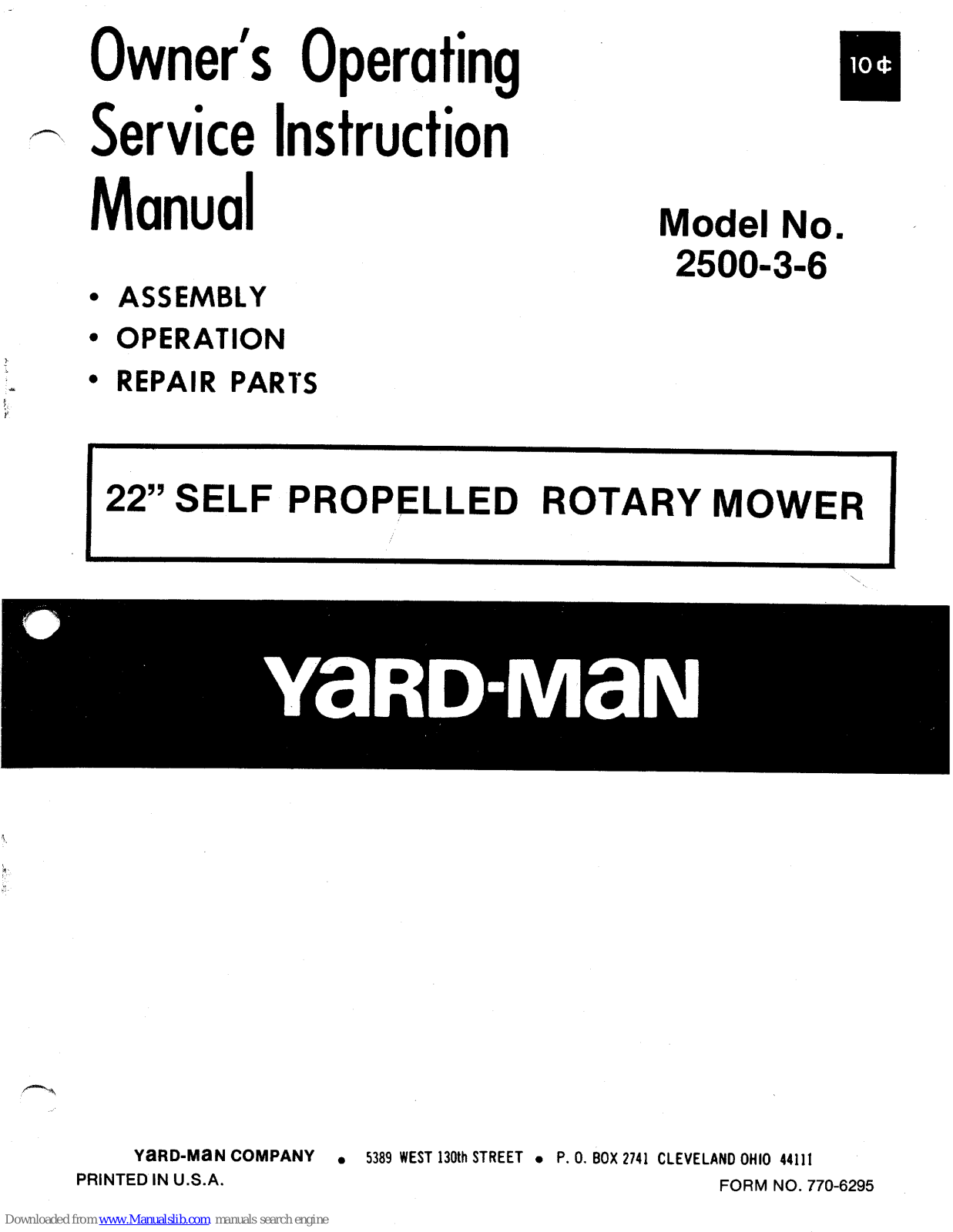 Yard-Man 2500-3-6 Owner's Operating Service Instruction Manual