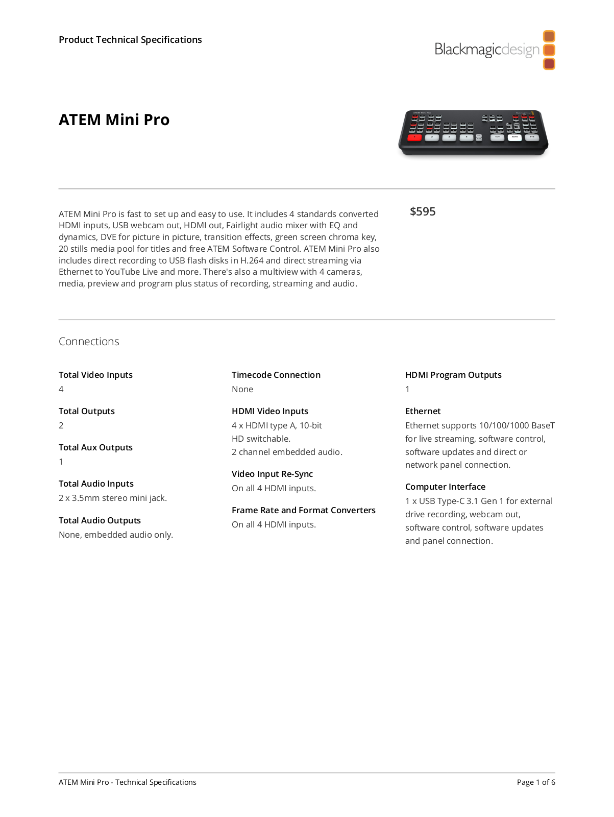 Blackmagic Design ATEM Mini Pro Data Sheet