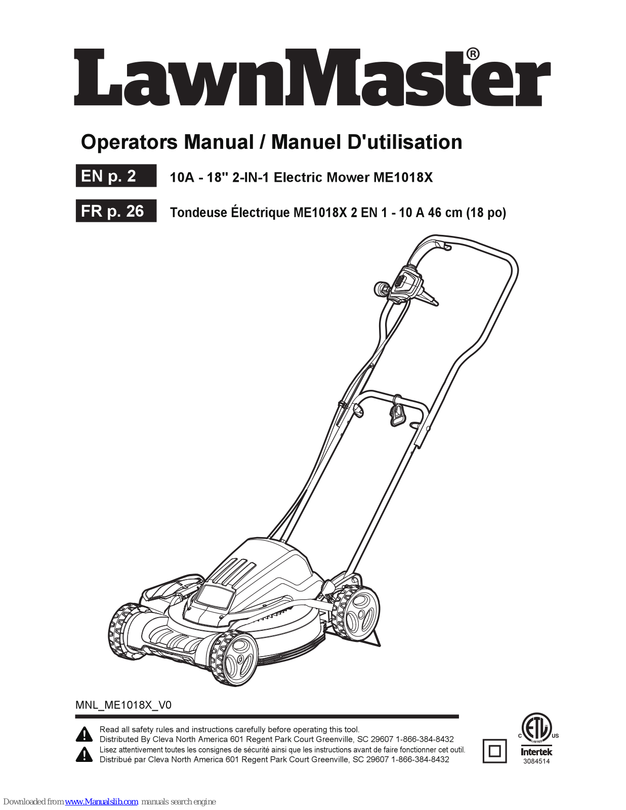 LawnMaster ME1018X Operator's Manual