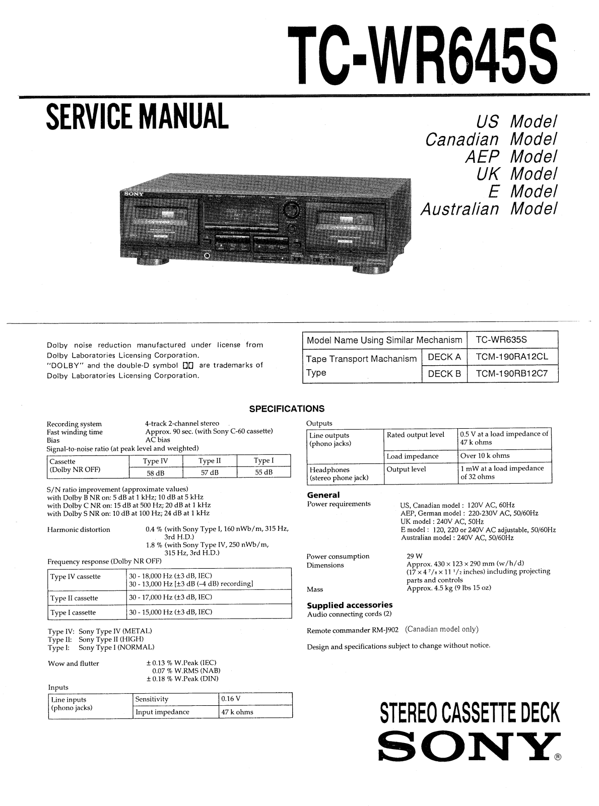 Sony TCWR-645-S Service manual