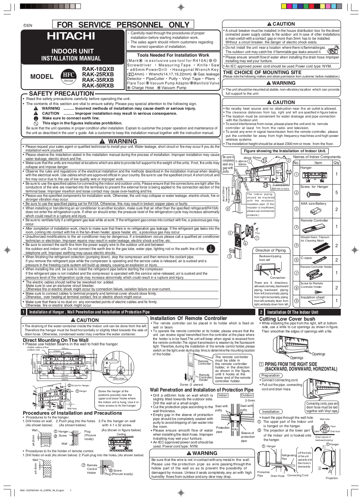 Hitachi RAK-18QXB, RAK-35RXB, RAK-25RXB, RAK-50RXB Installation manual