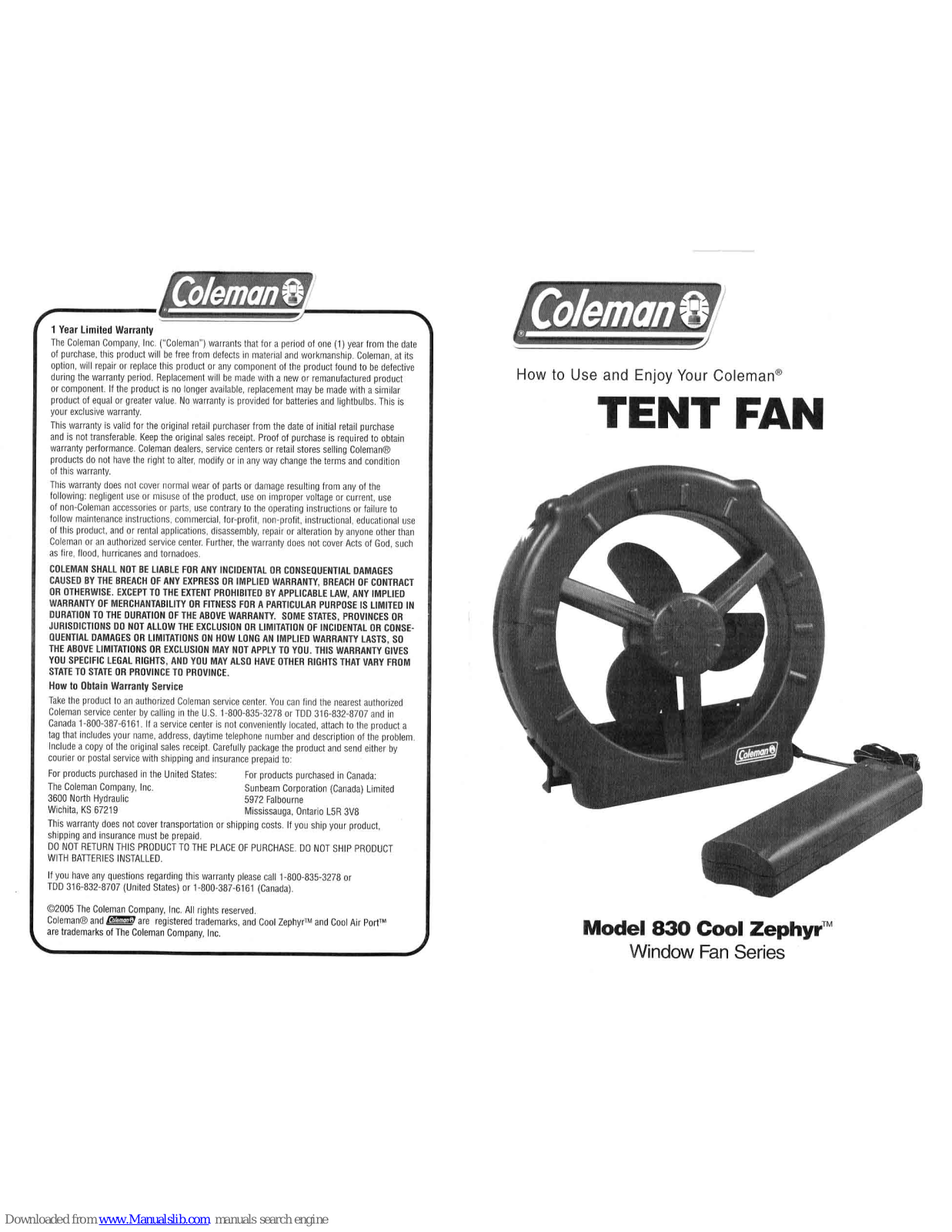 Coleman TENT FAN 830, 830A450, 830 Cool Zephyr User Manual