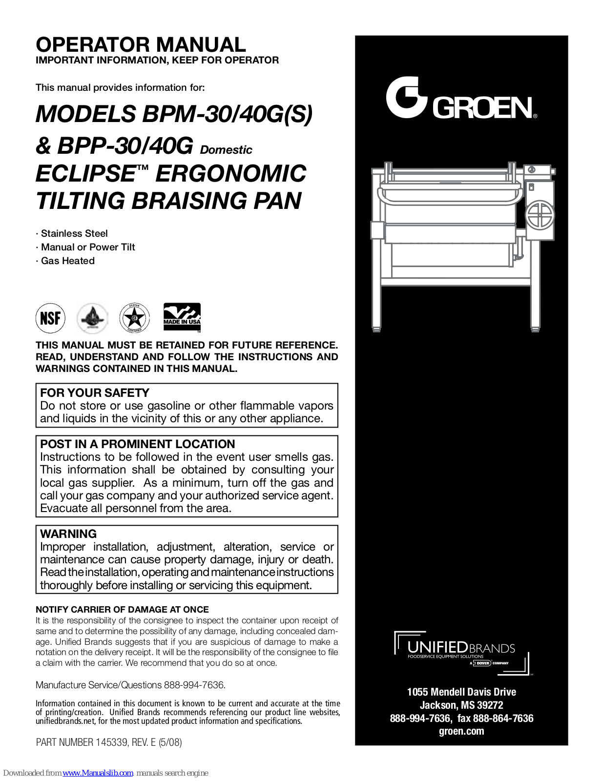 Groen BPM-40G, BPM-40S, BPP-30G, BPM-30S, BPP-40G Operator's Manual