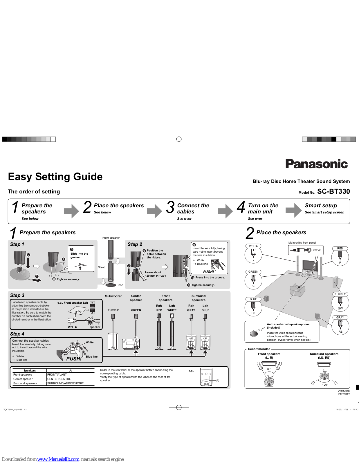 Panasonic SABT7399 - BLU-RAY HOME THEATER, SCBT7399 - BLU-RAY HOME THEATER, SC-BT330 Easy Setting Manual