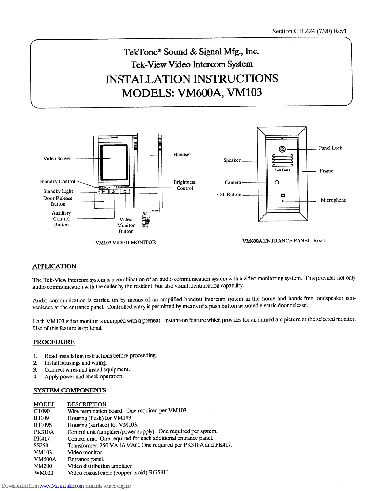 TekTone Tek-View VM600A, Tek-View VM103 Installation Instructions Manual - ManualMachine.com