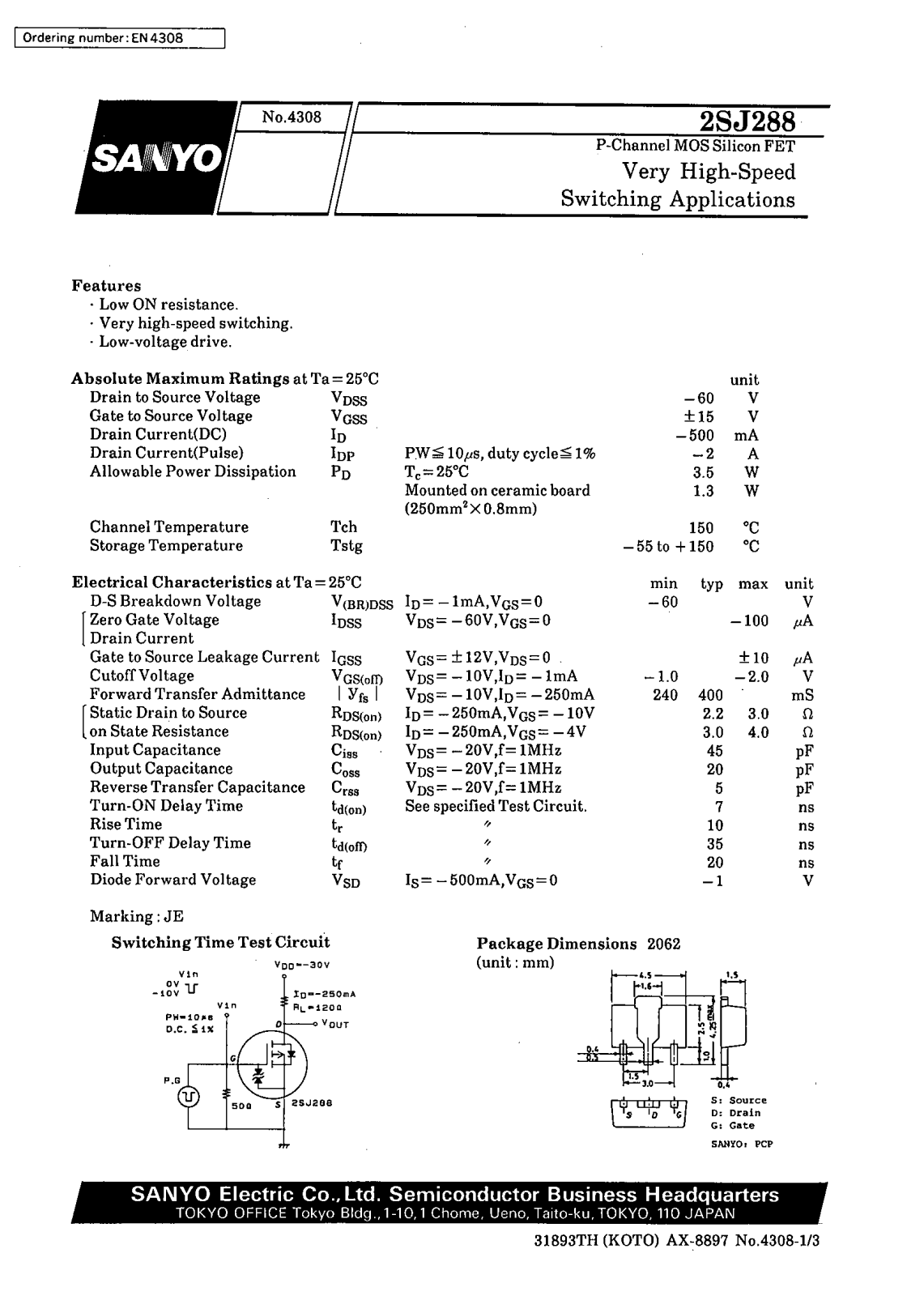 SANYO 2SJ288 Datasheet