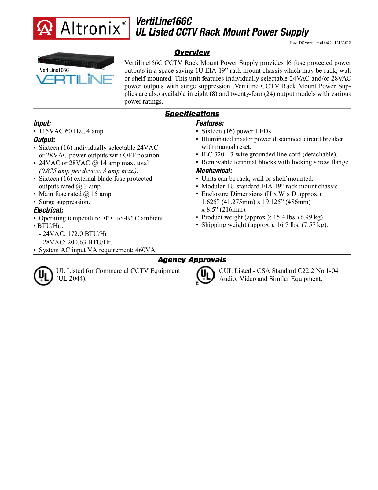 Altronix VertiLine166C Data Sheet