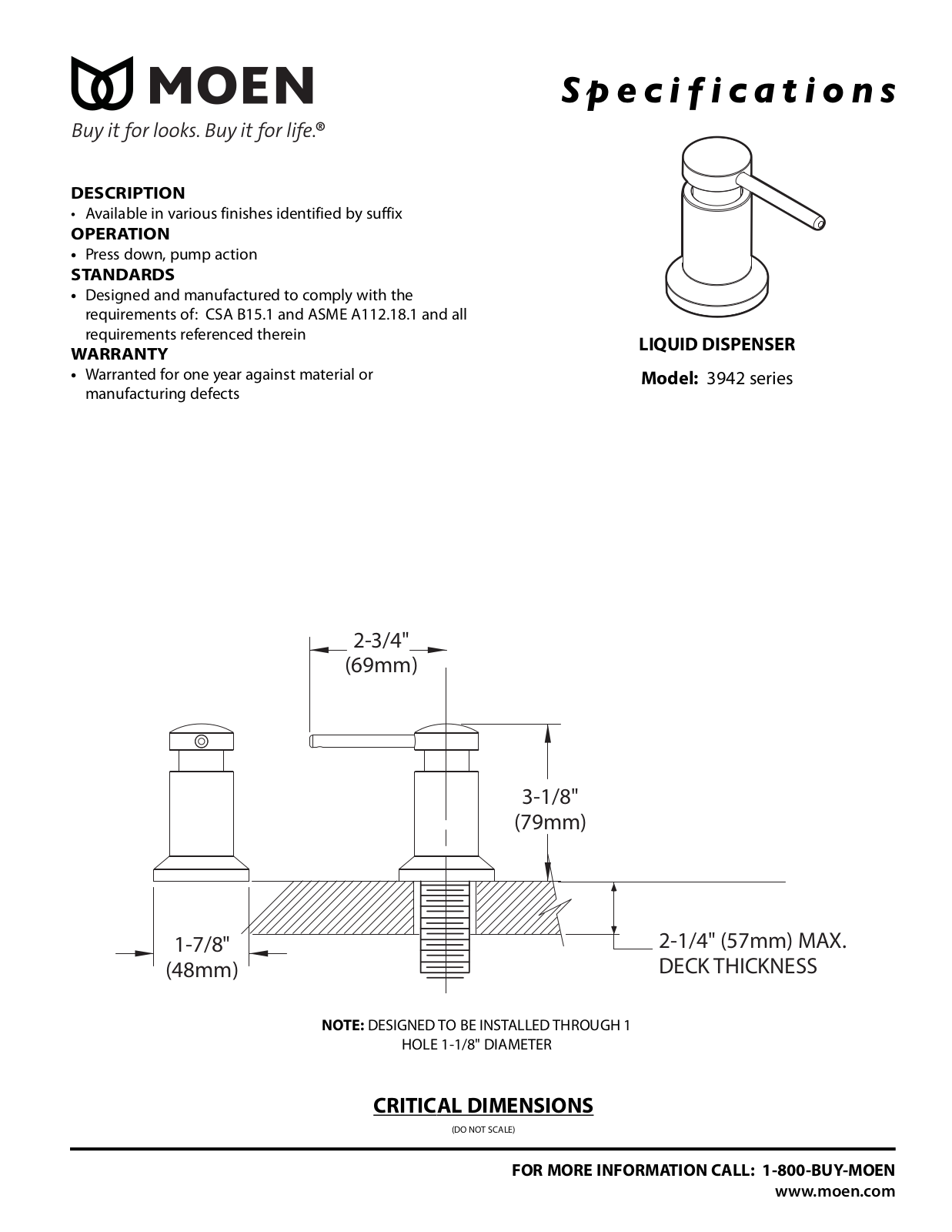 Moen 3942BL Specs