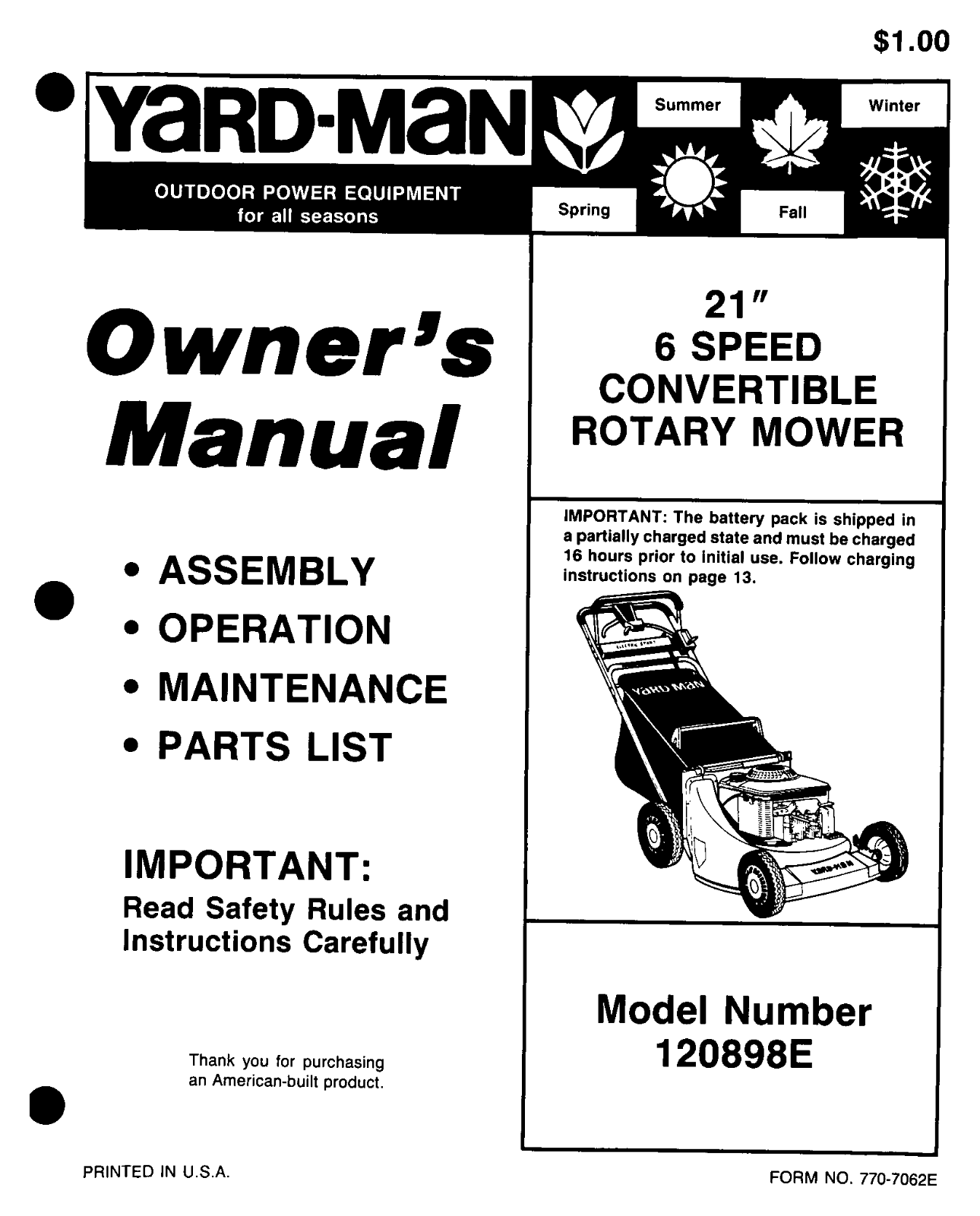 Yard-Man 120898E User Manual