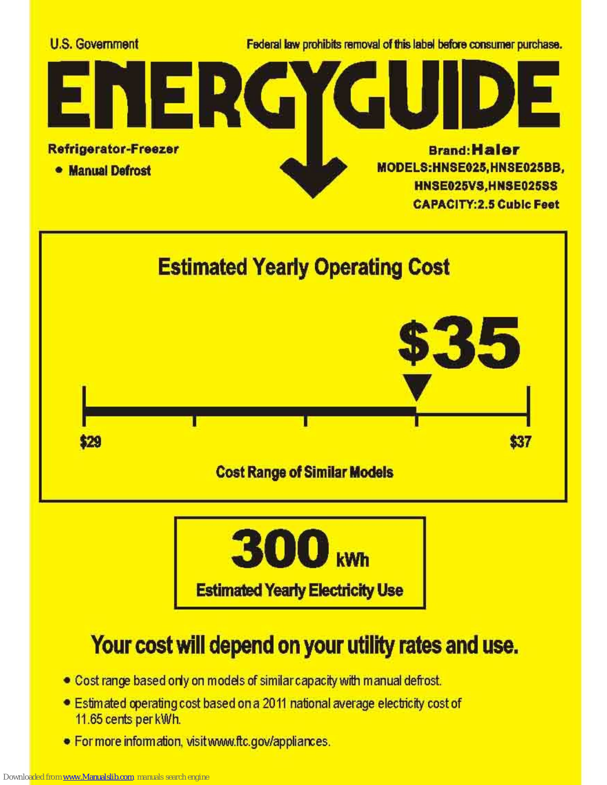 Haier HNSE025, HNSE025BB, HNSE025VS, HNSE025SS Energy Manual