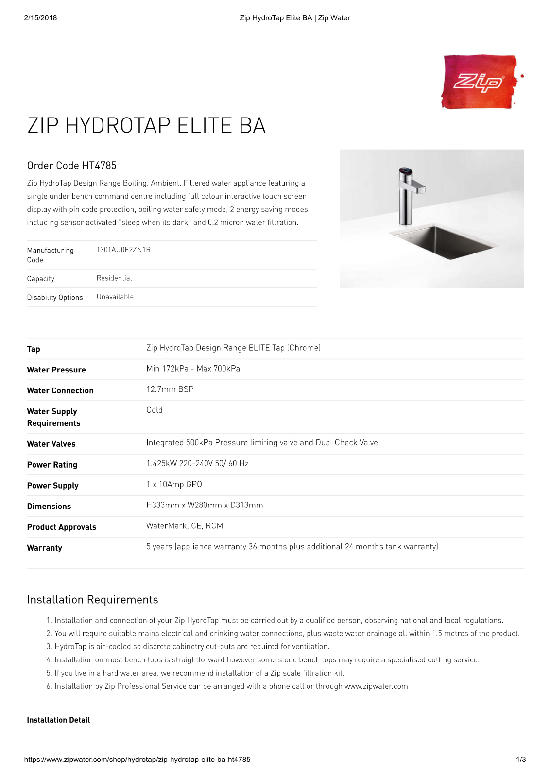 Zip HT4785Z3 Specifications Sheet