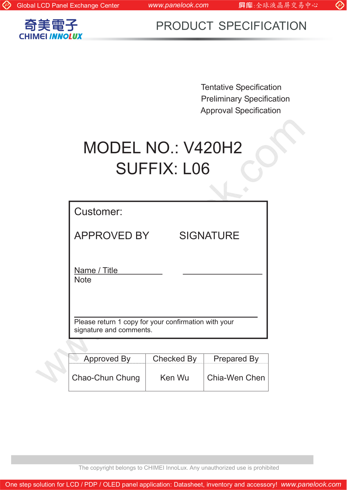 CHIMEI INNOLUX V420H2-L06 Specification