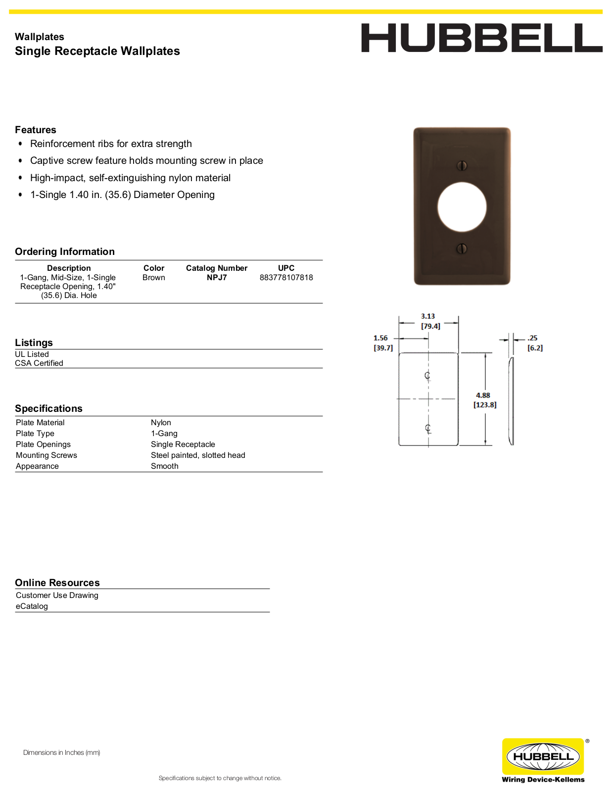 Hubbell NPJ7 Specifications