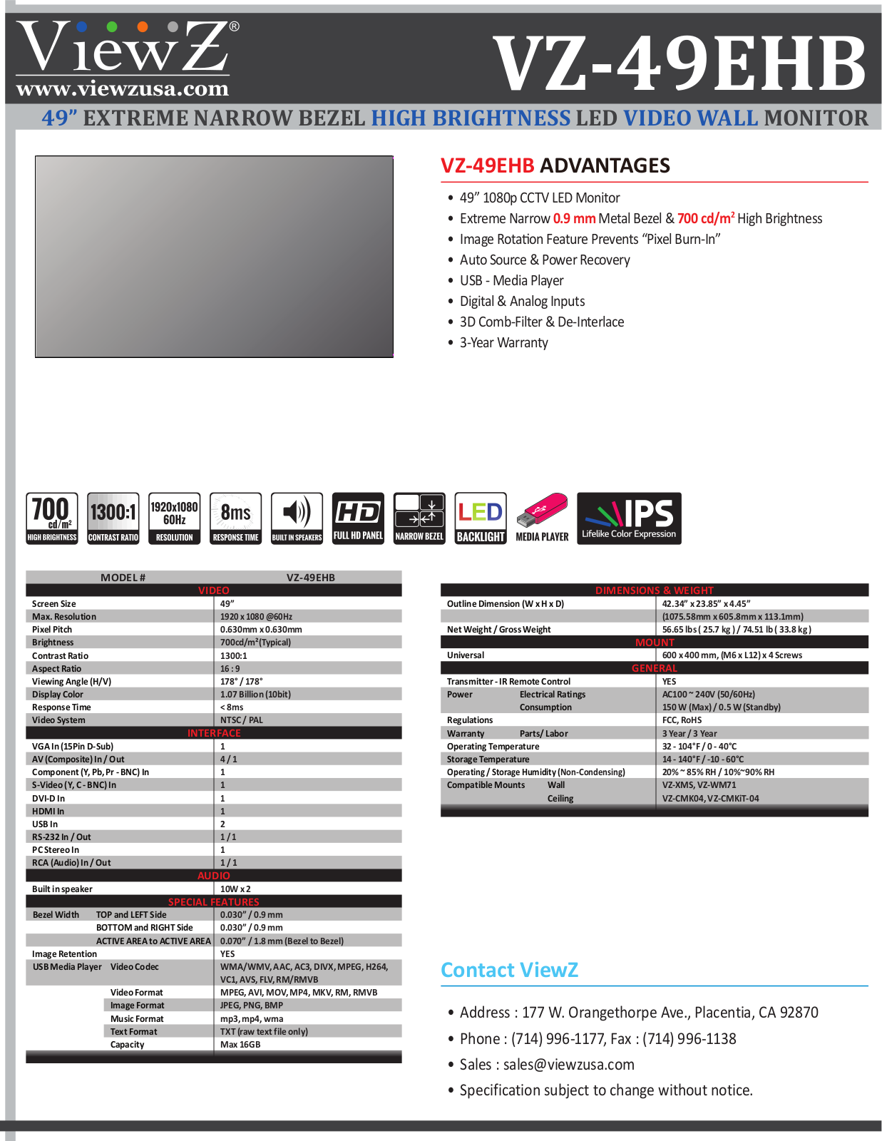 ViewZ VZ-49EHB Specsheet