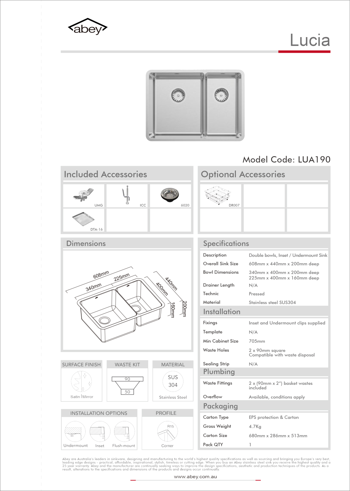 Abey LUA190KW2 Specifications Sheet