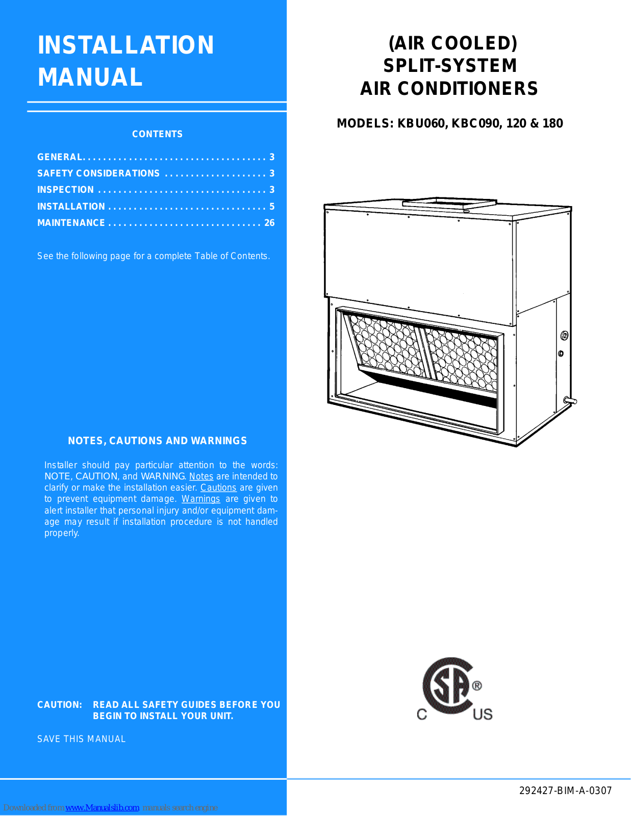 Unitary products group KBU060, KBU090, KBU120, KBU180 Installation Manual