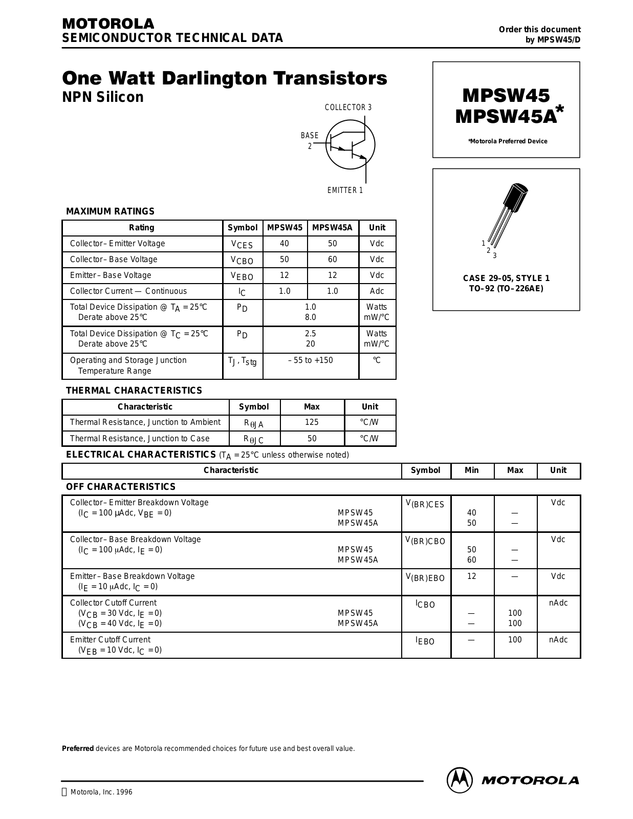 Motorola MPSW45ARLRA, MPSW45RLRE, MPSW45A, MPSW45 Datasheet