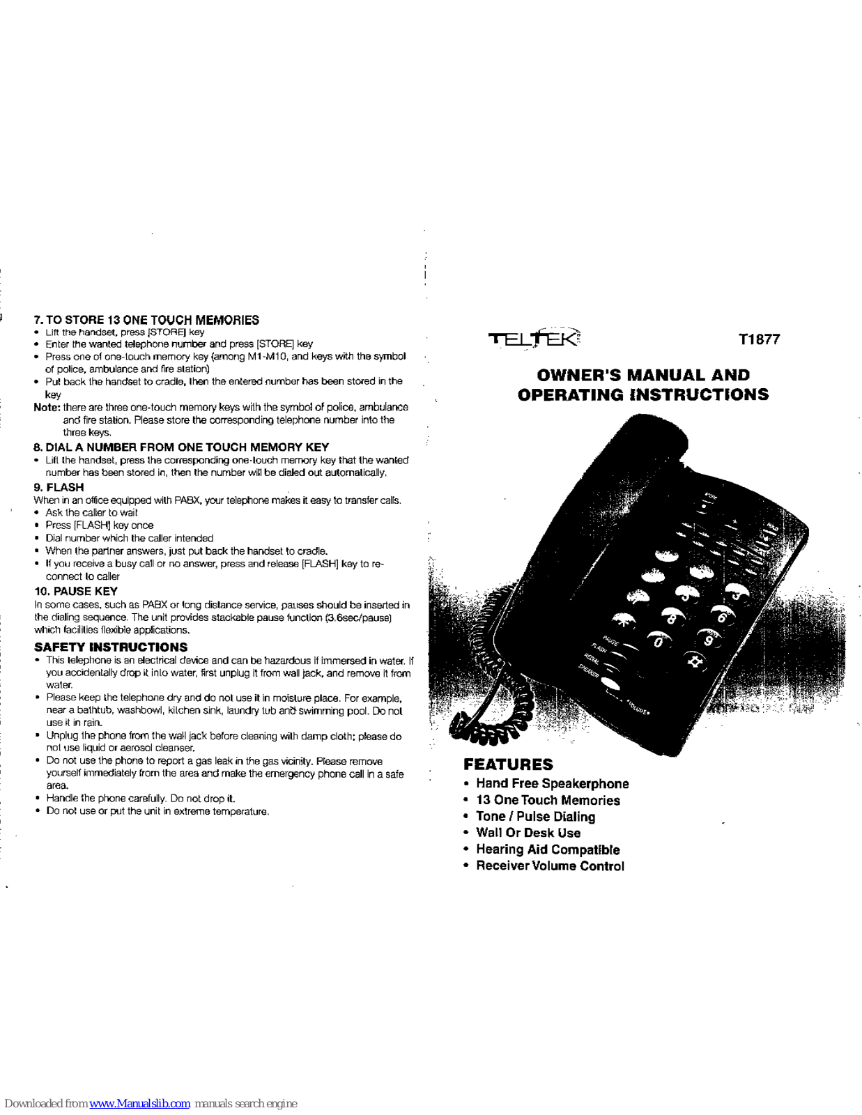 Teltek T1877 Owner's Manual And Operating Instructions