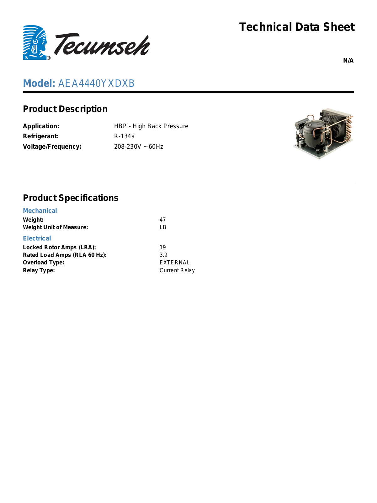 Tecumseh AEA4440YXDXB Technical Data Sheet